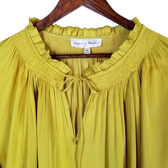 Chelsea & Theodore 3X Blouse Top Yellow Gold Long Sleeve Ruffle Neckline - Picture 3 of 11